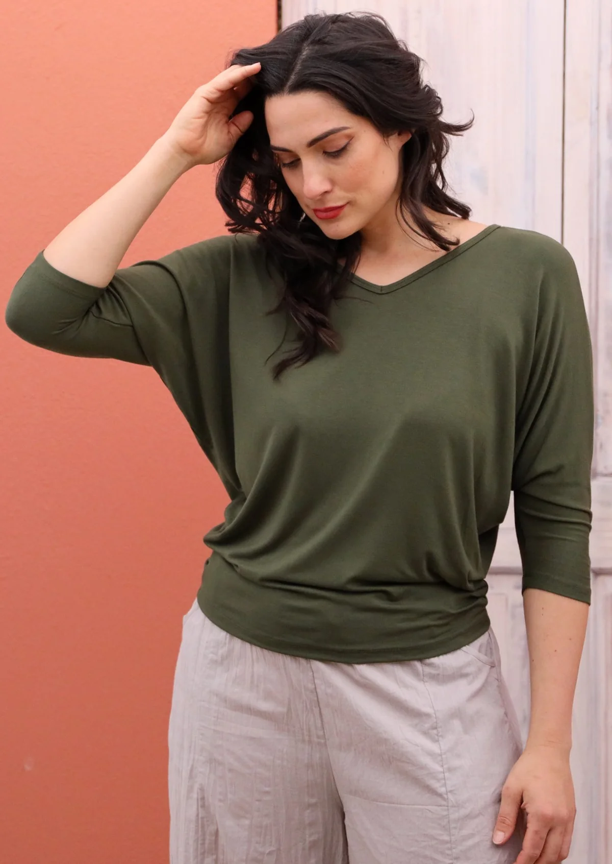 3/4 Sleeve V-neck Batwing Top Olive - Ysert