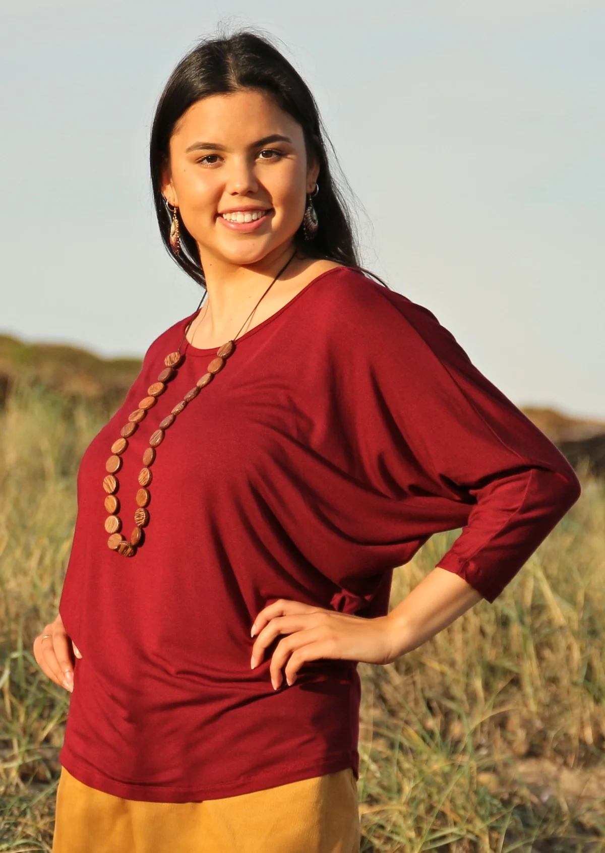 3/4 Sleeve Batwing Top Maroon - Ysert