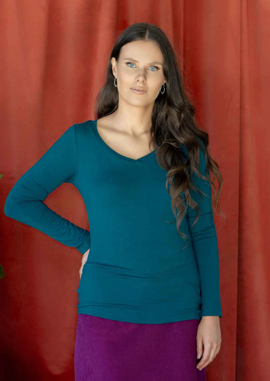 Long Sleeve Stretch V-neck Top Teal - Ysert