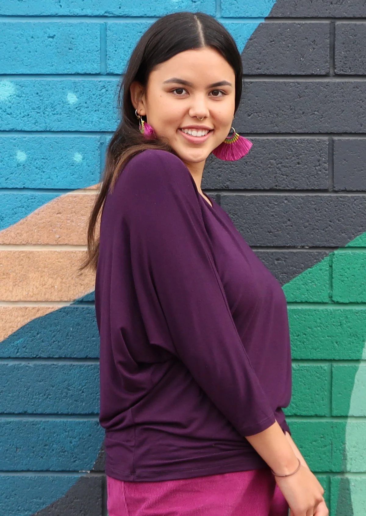 3/4 Sleeve Batwing Top Dark Purple - Ysert