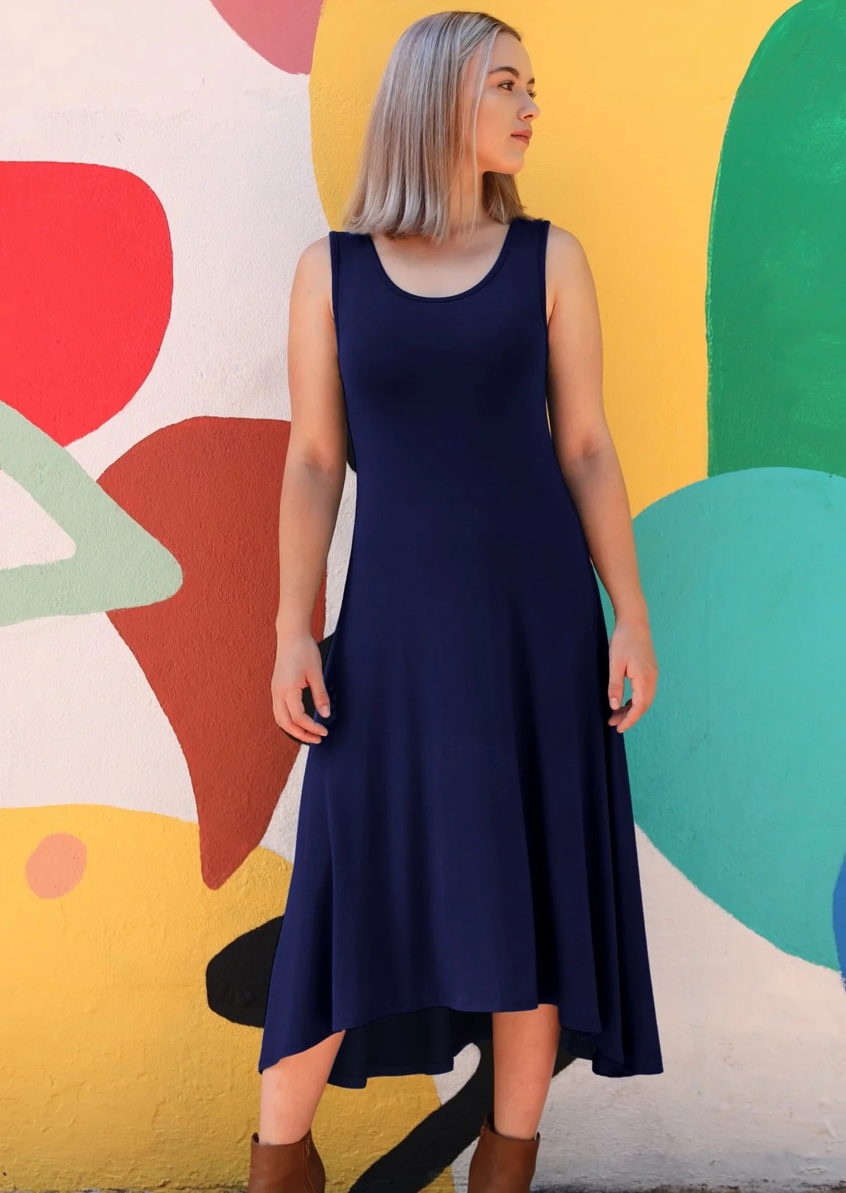 Concave Hem Dress Navy Blue - Ysert