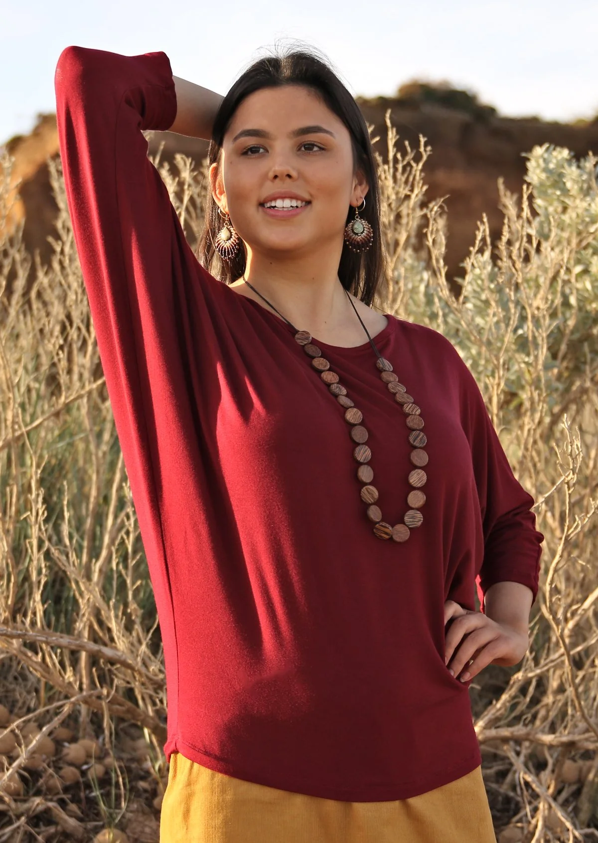3/4 Sleeve Batwing Top Maroon - Ysert