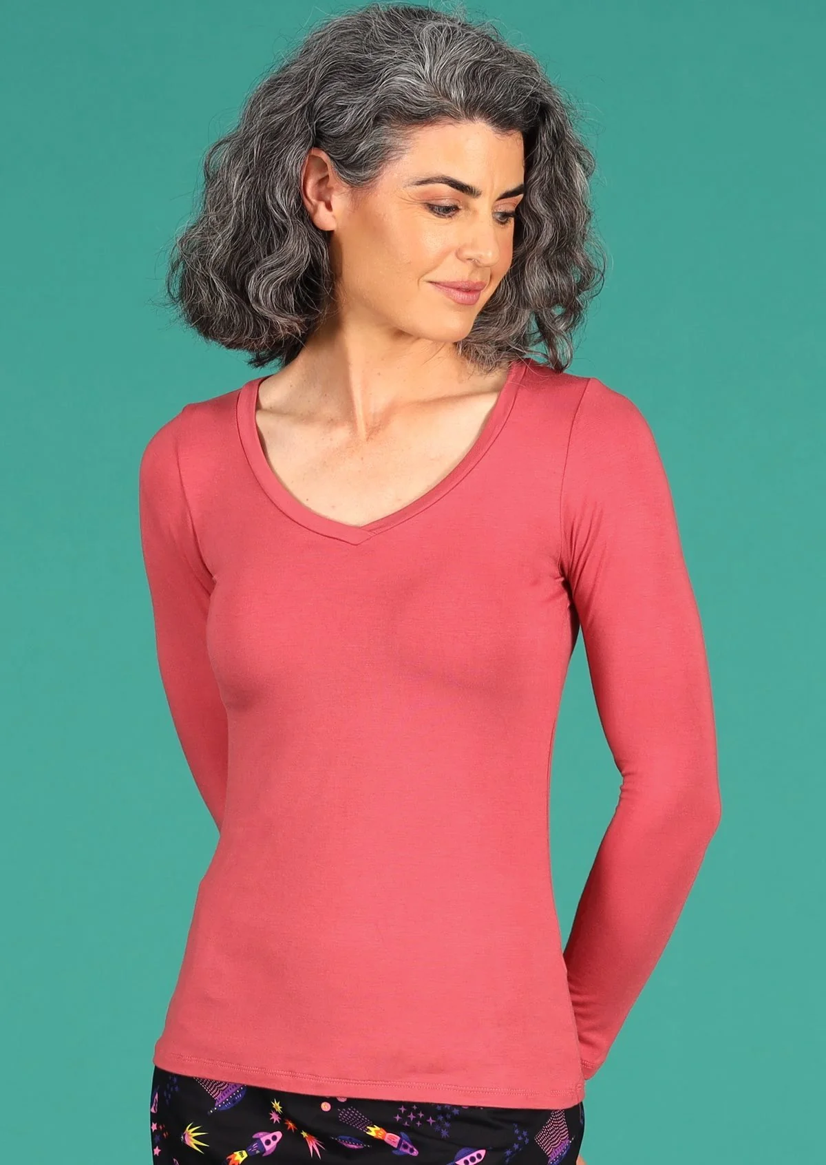 Long Sleeve Stretch V-neck Top Rose Pink - Ysert