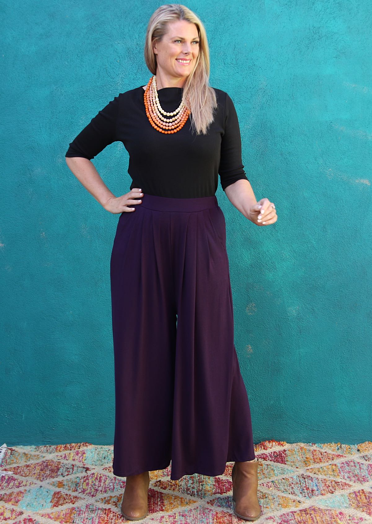 Wide Leg Stretch Pocket Pants Dark Purple - Ysert
