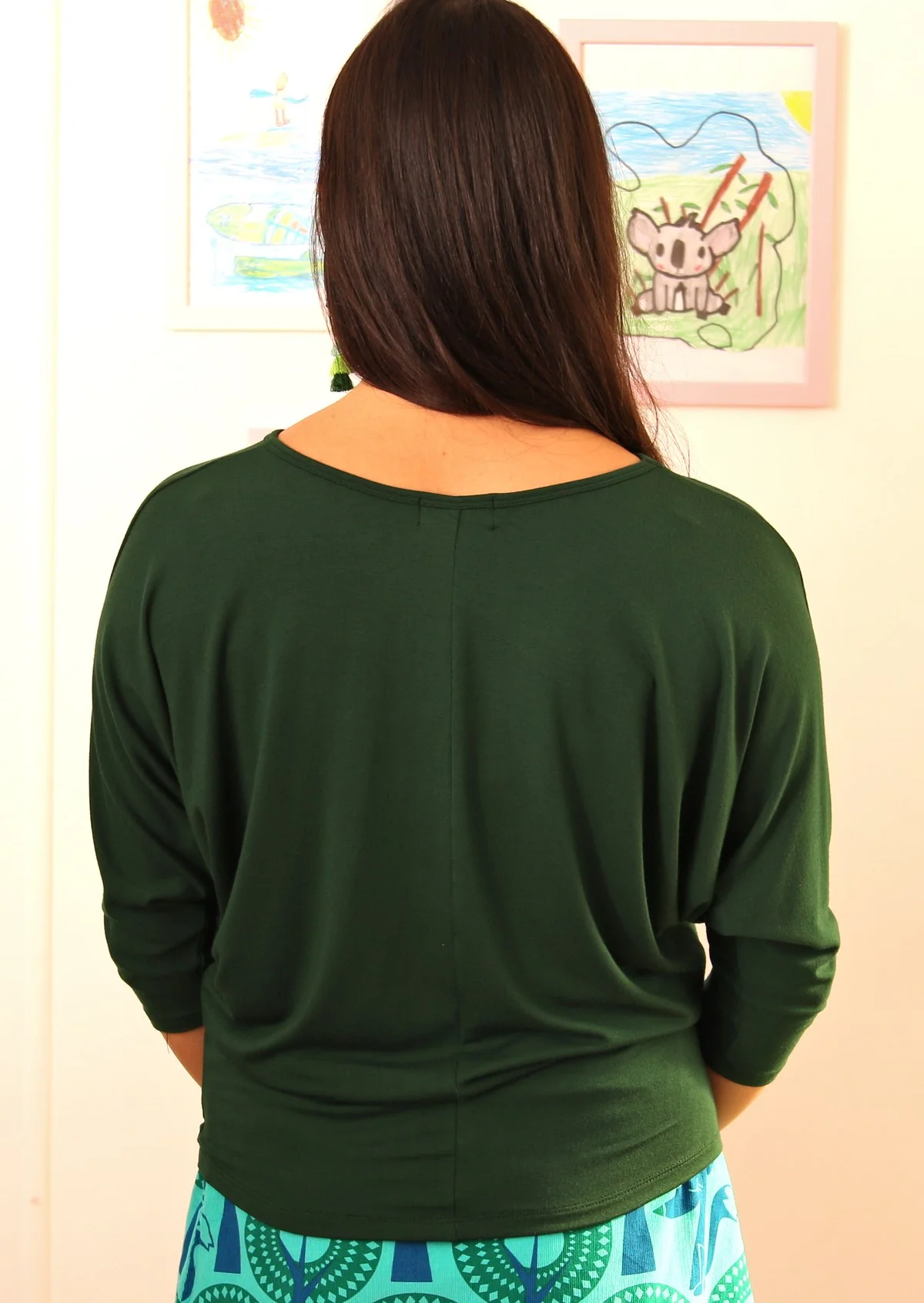 3/4 Sleeve V-neck Batwing Top Forest Green - Ysert