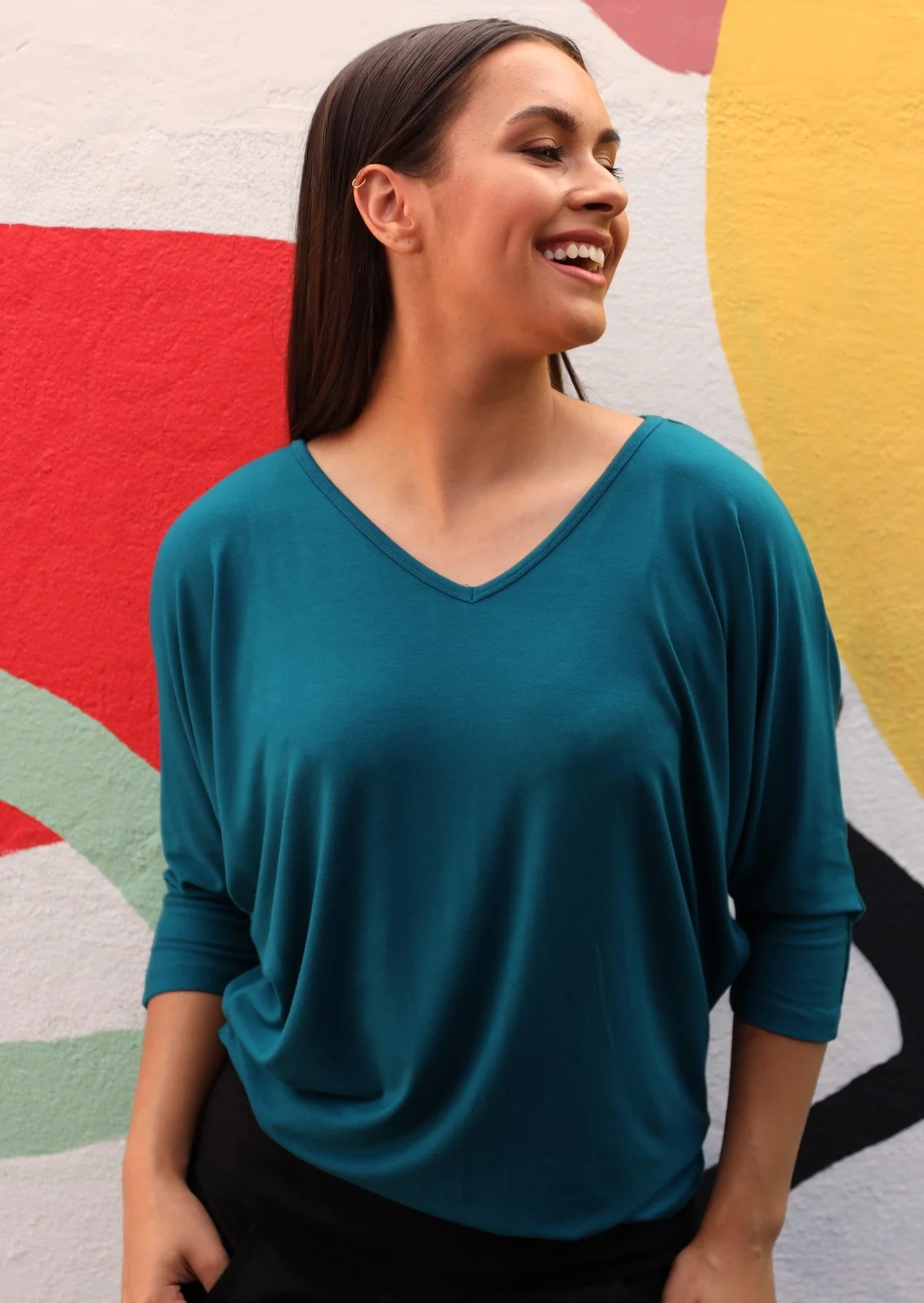 3/4 Sleeve V-neck Batwing Top Teal - Ysert