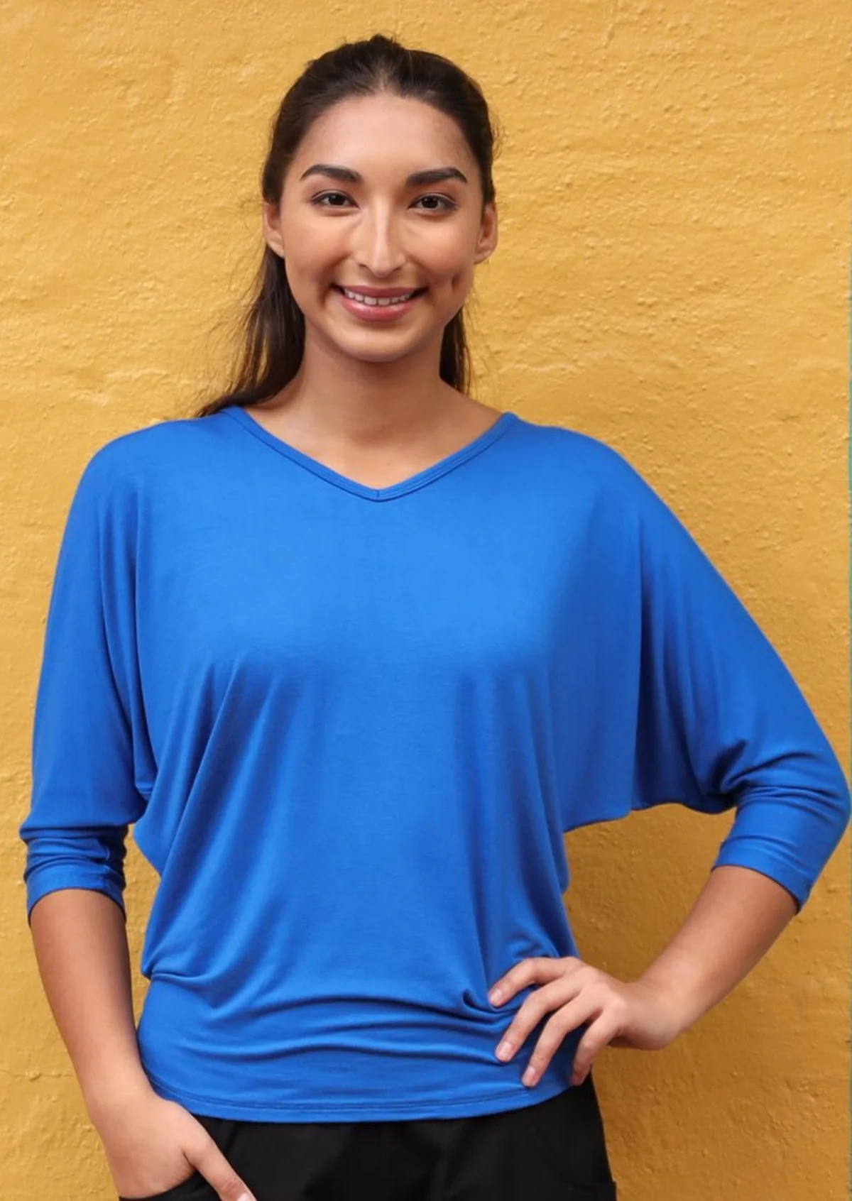 3/4 Sleeve V-neck Batwing Top Electric Blue - Ysert