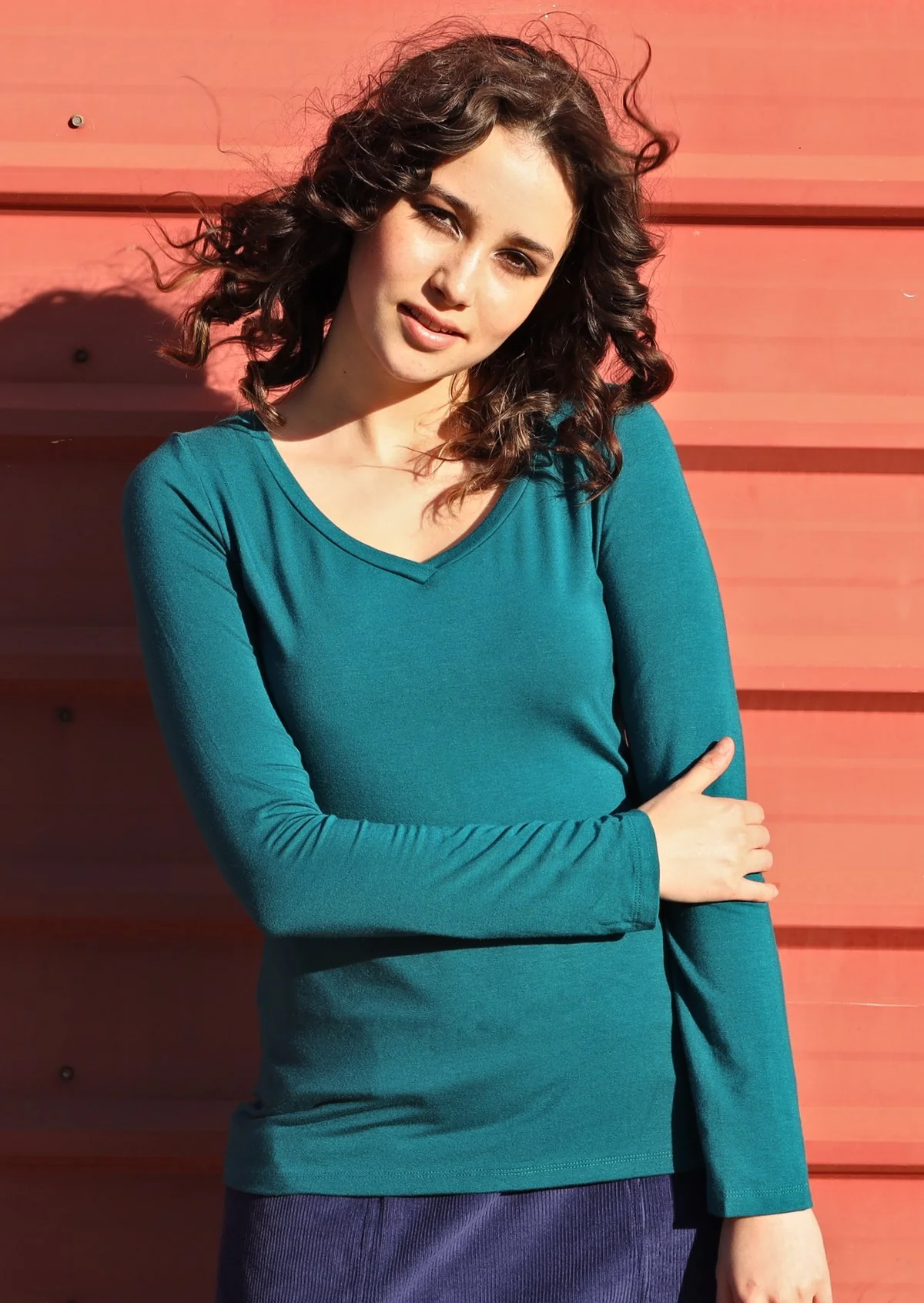 Long Sleeve Stretch V-neck Top Teal - Ysert