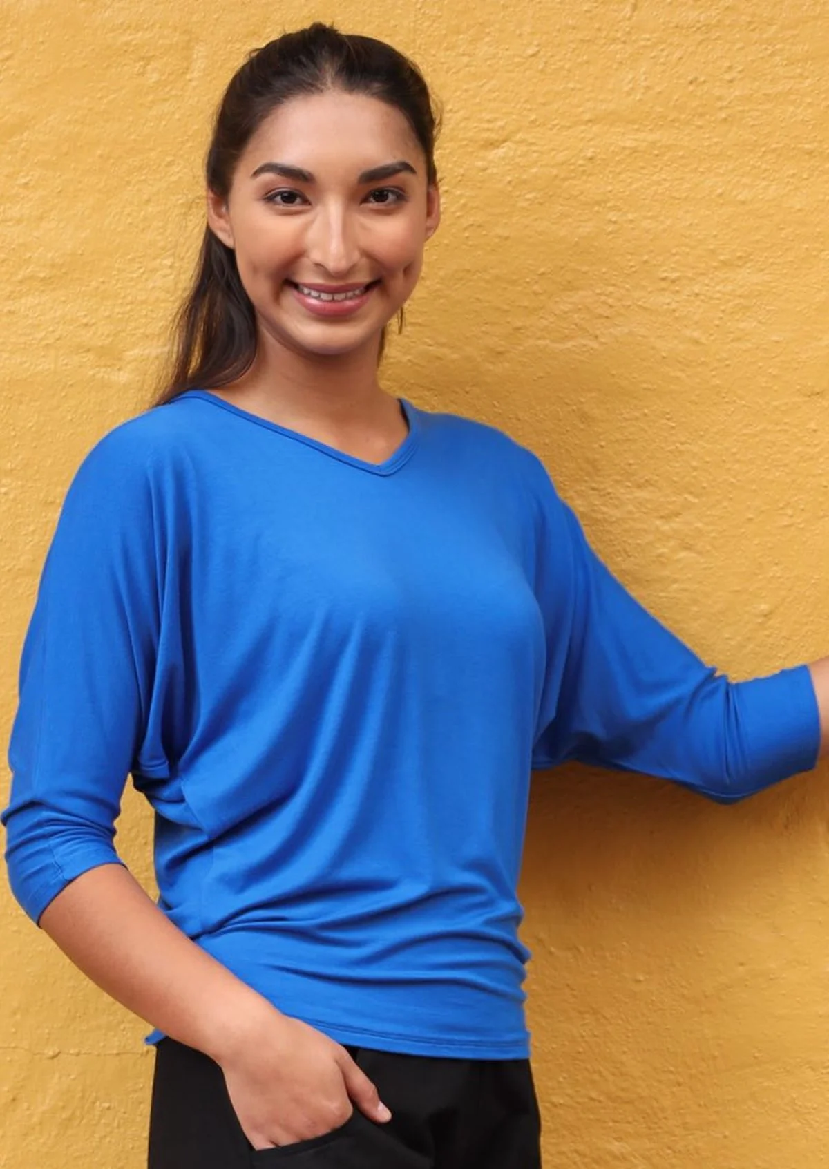 3/4 Sleeve V-neck Batwing Top Electric Blue - Ysert