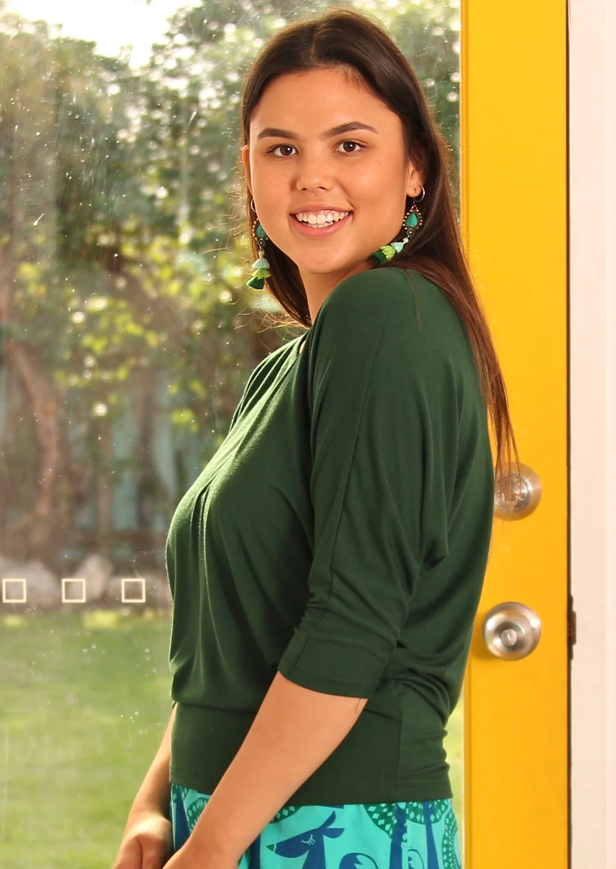 3/4 Sleeve V-neck Batwing Top Forest Green - Ysert
