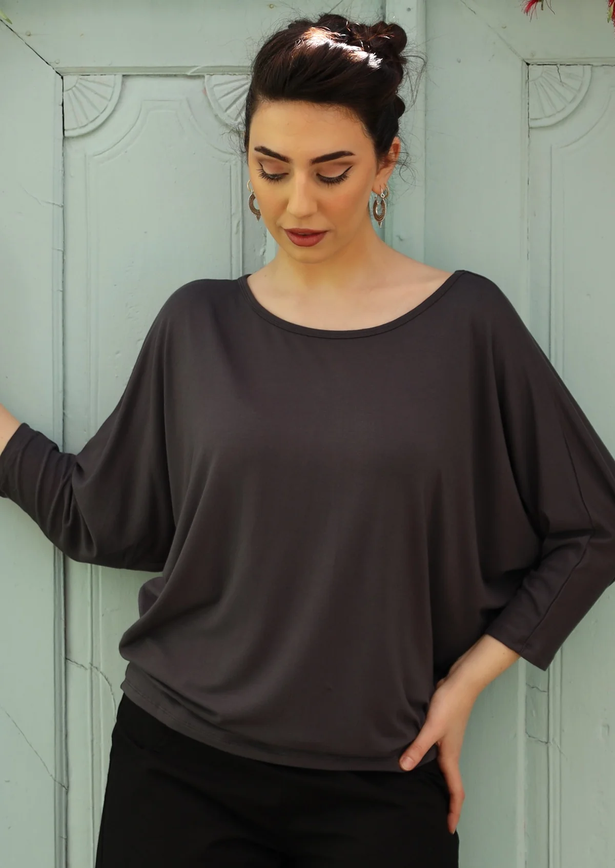 3/4 Sleeve Batwing Top Dark Grey - Ysert
