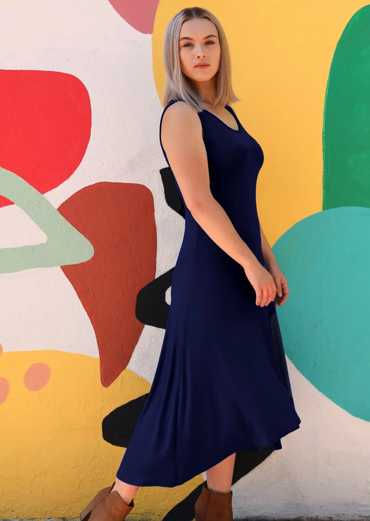 Concave Hem Dress Navy Blue - Ysert