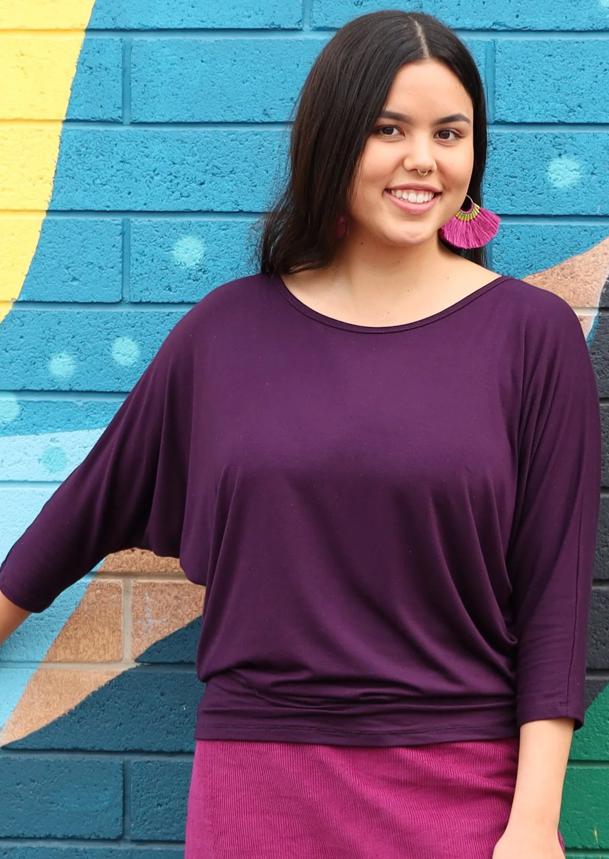 3/4 Sleeve Batwing Top Dark Purple - Ysert