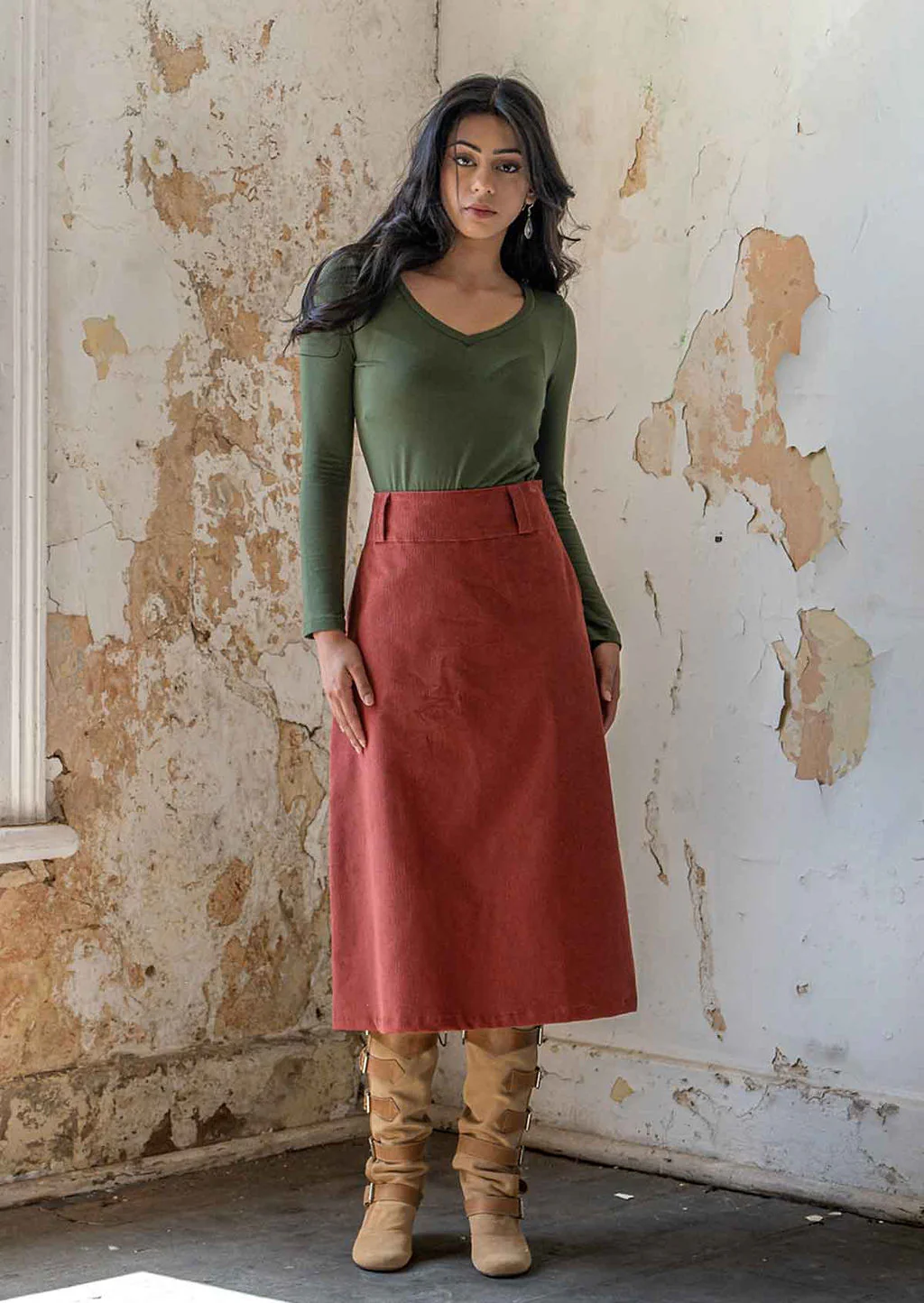Belt Loop Corduroy Skirt Burnt Henna - Ysert