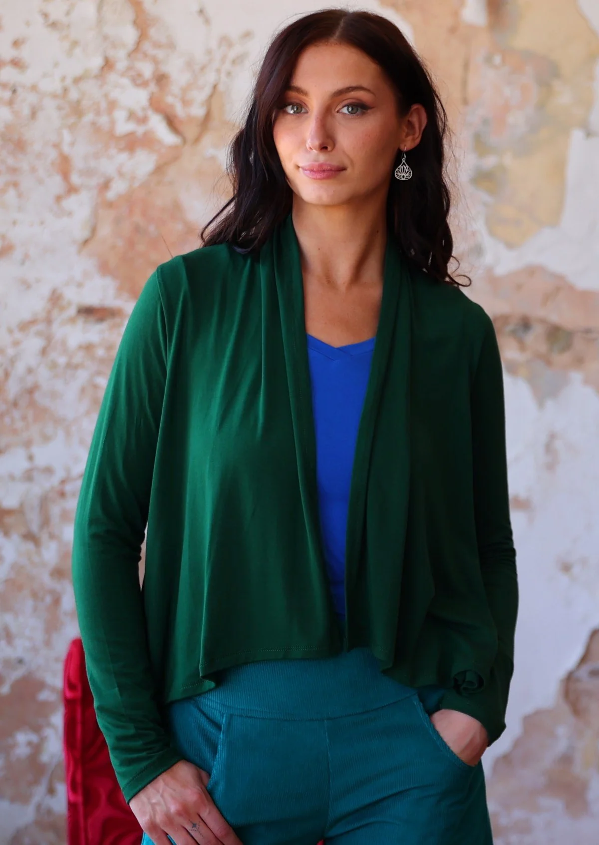 Cropped Waterfall Cardi Dark Forest Green - Ysert