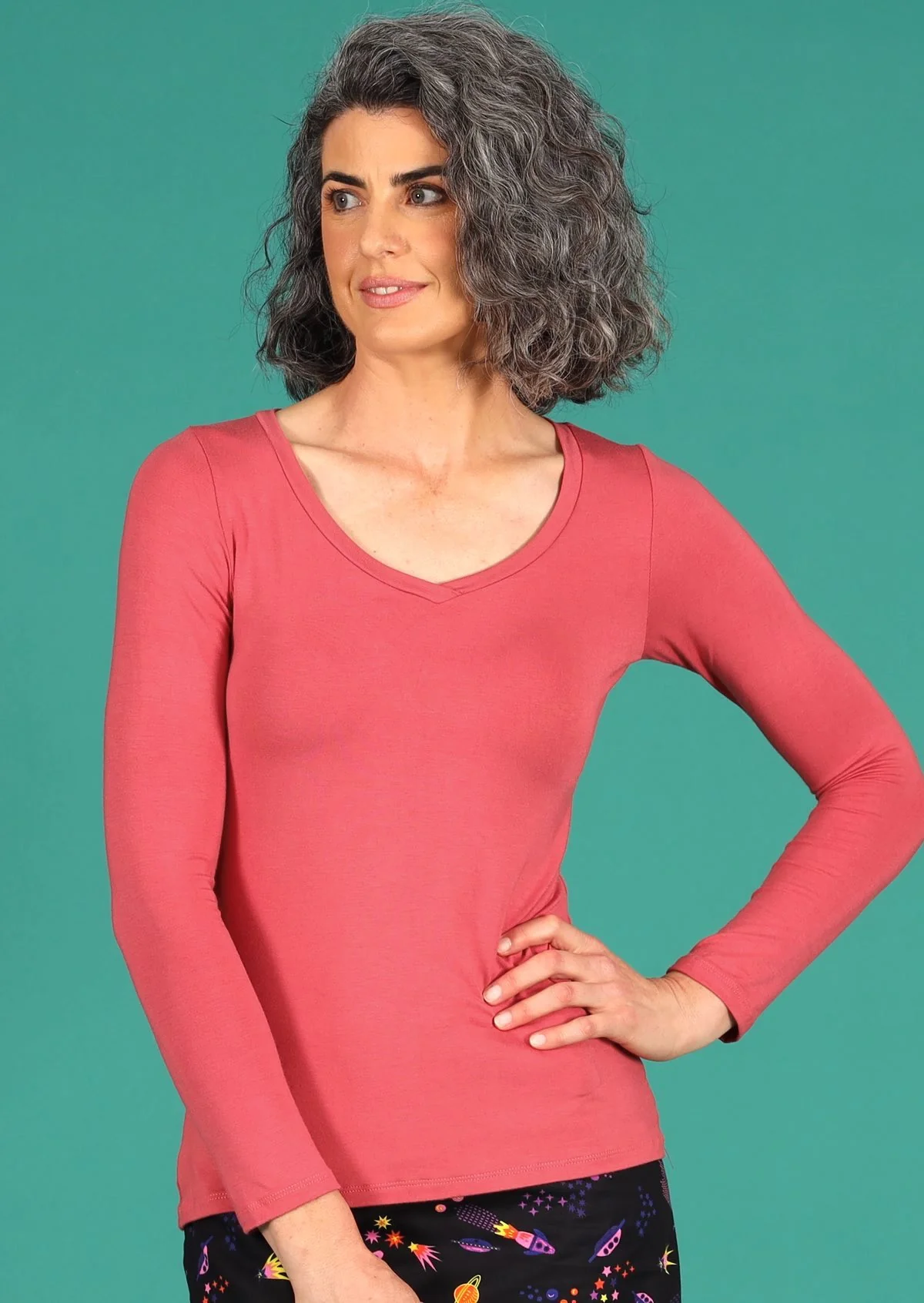 Long Sleeve Stretch V-neck Top Rose Pink - Ysert