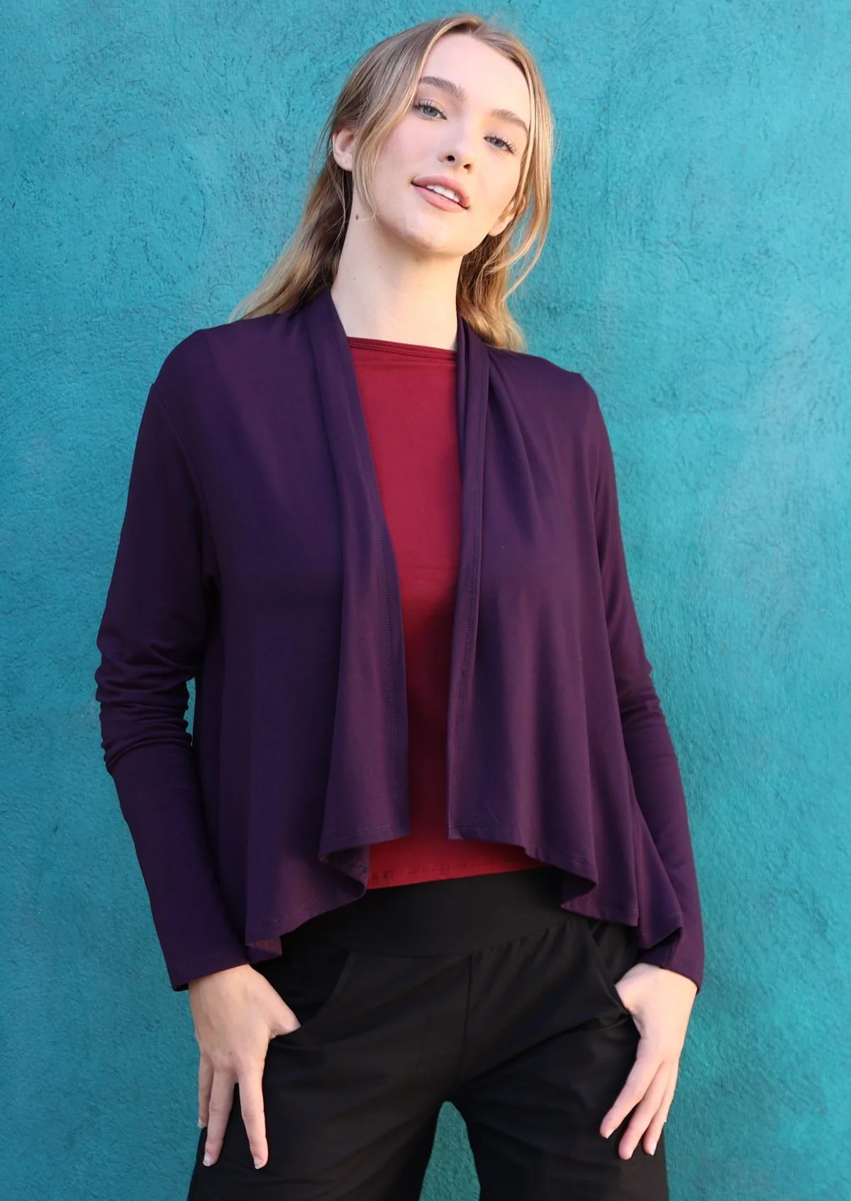Cropped Waterfall Cardi Dark Purple - Ysert
