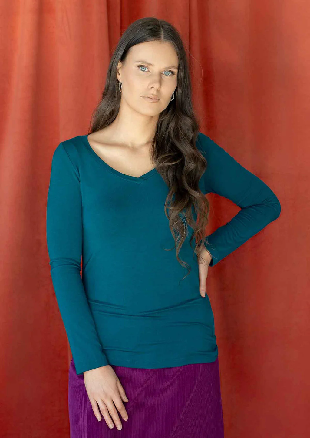 Long Sleeve Stretch V-neck Top Teal - Ysert