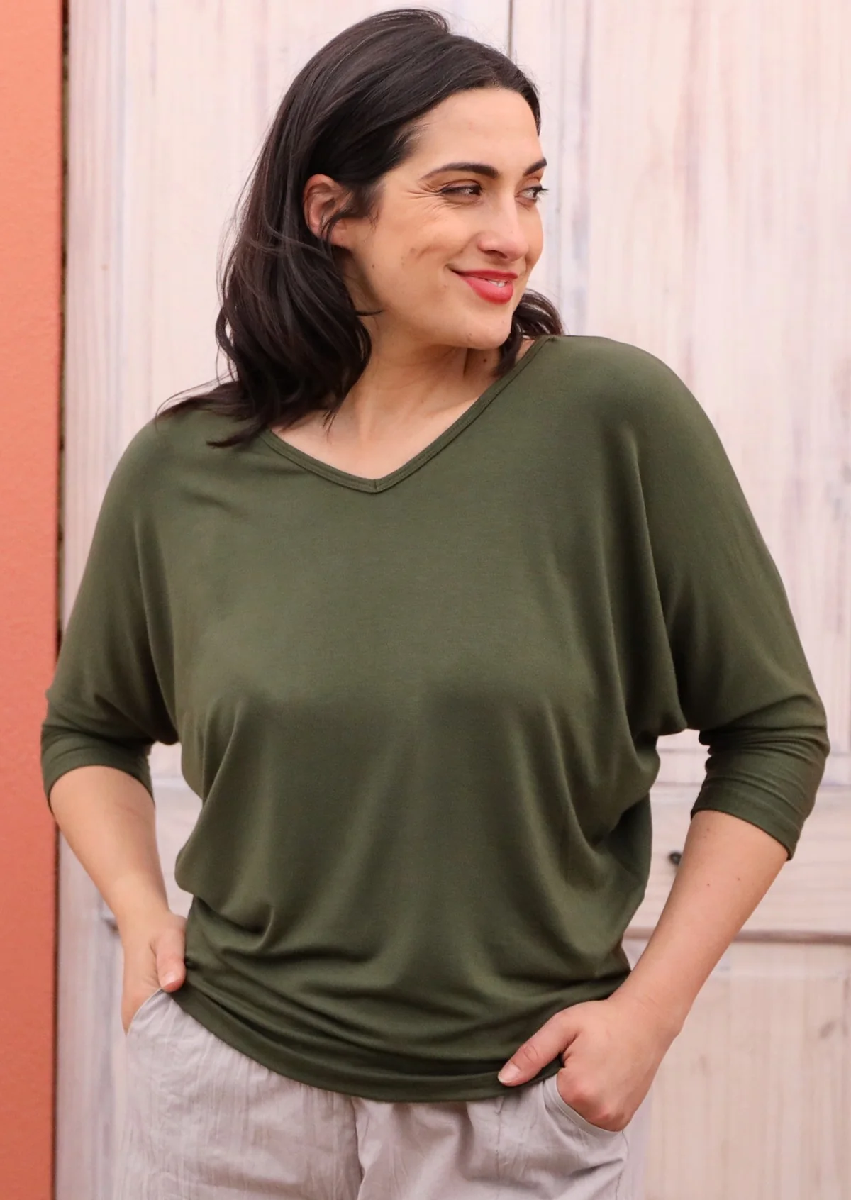 3/4 Sleeve V-neck Batwing Top Olive - Ysert