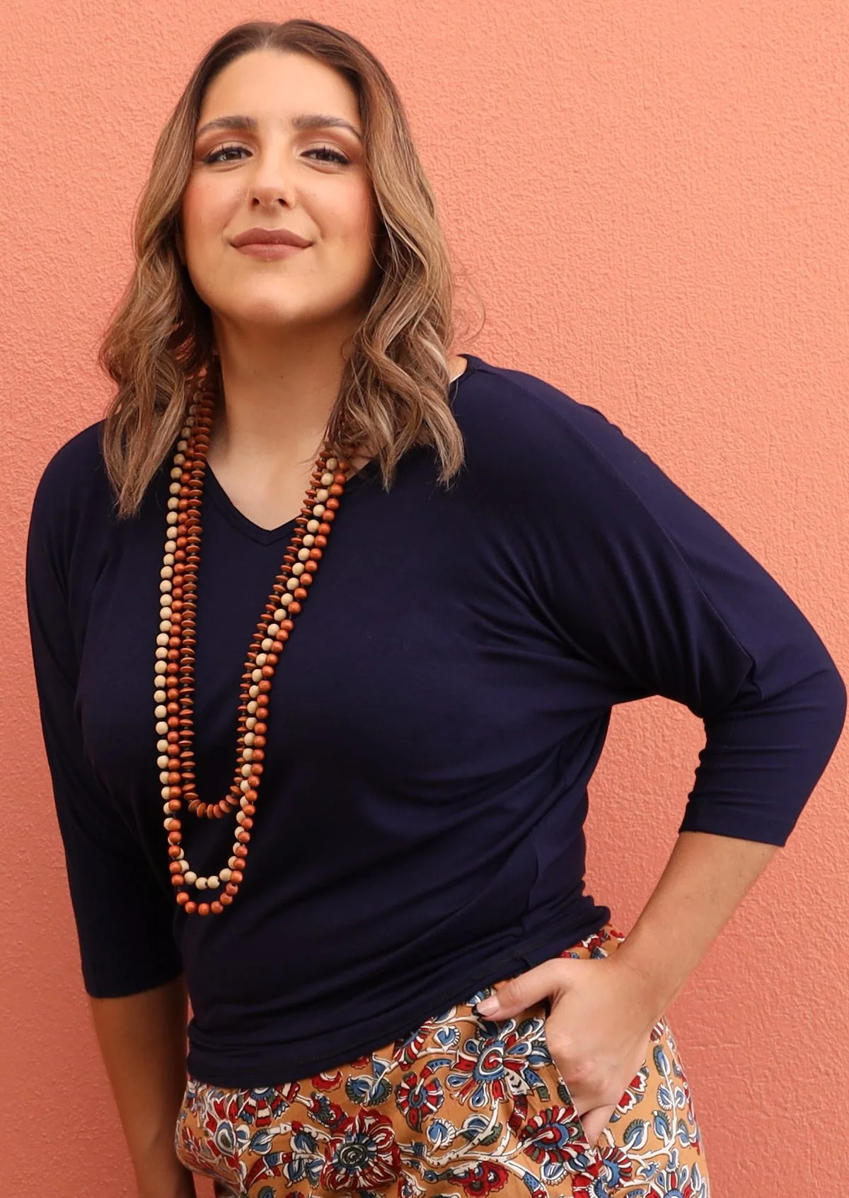 3/4 Sleeve V-neck Batwing Top Navy Blue - Ysert