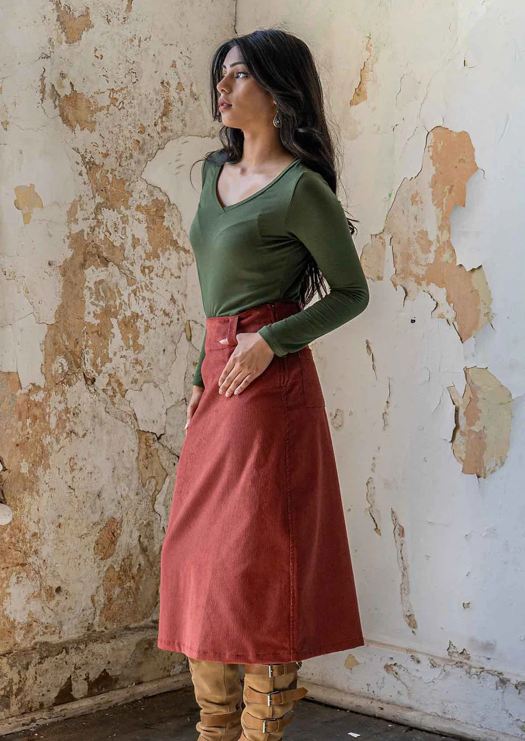 Belt Loop Corduroy Skirt Burnt Henna - Ysert