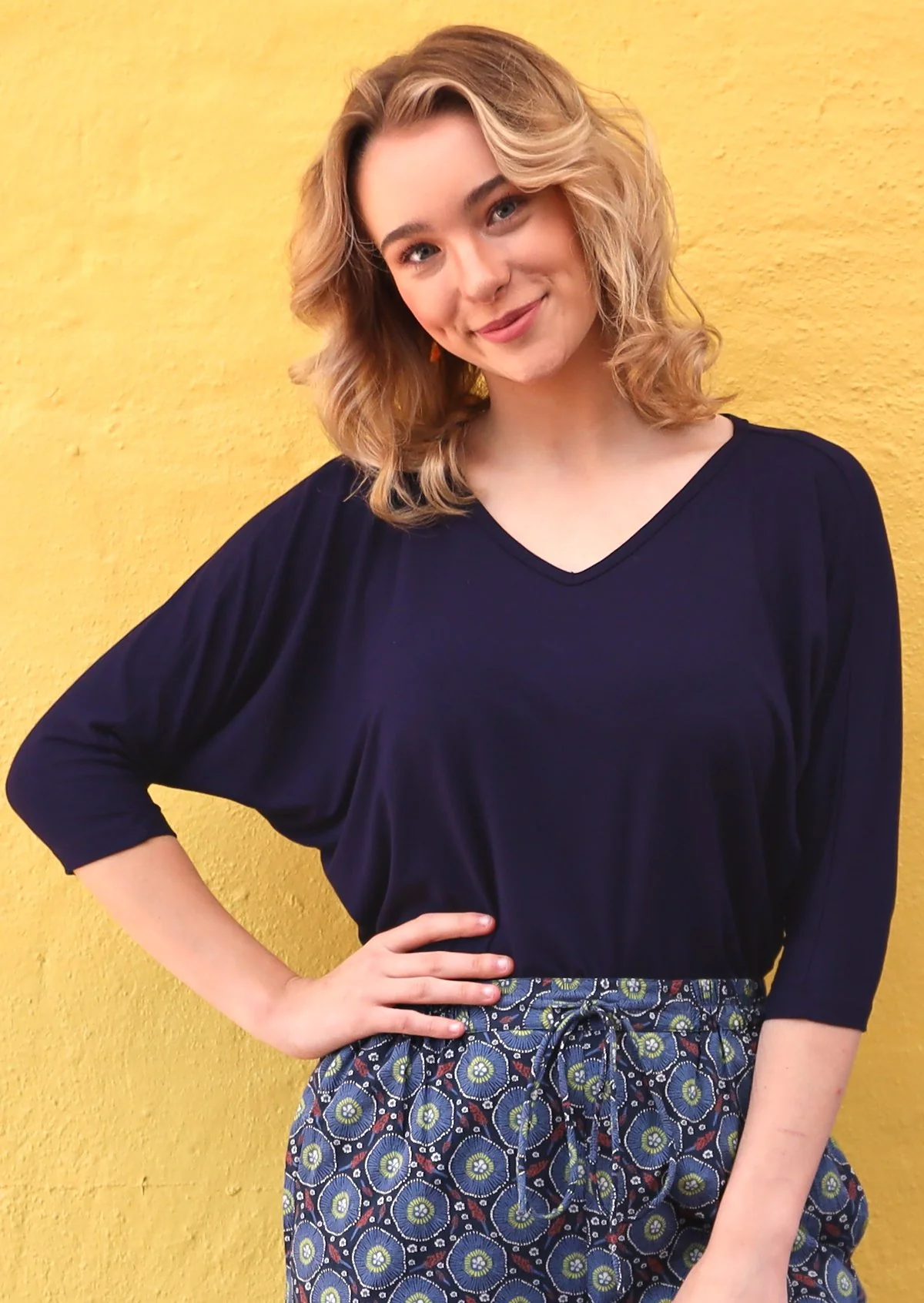 3/4 Sleeve V-neck Batwing Top Navy Blue - Ysert