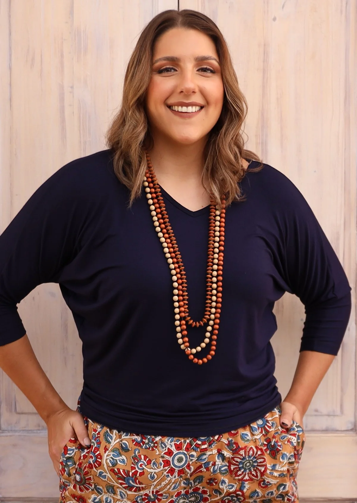 3/4 Sleeve V-neck Batwing Top Navy Blue - Ysert
