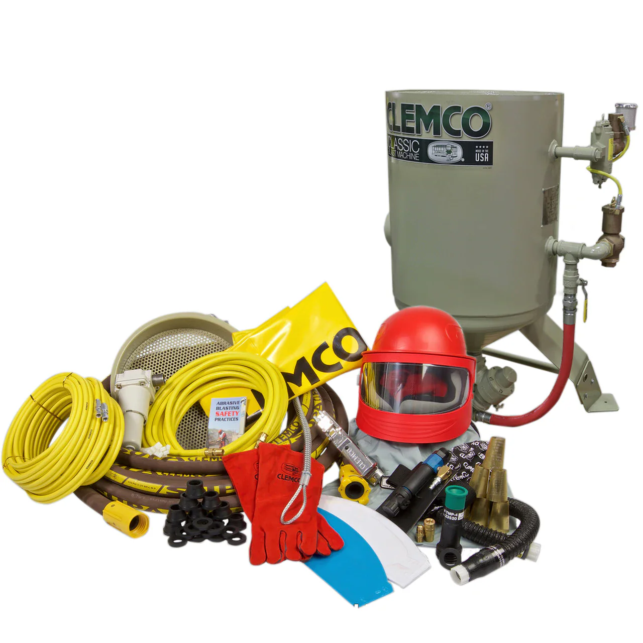 Clemco 23895 6-Cubic Classic Blast Machine System (2452-300-AA System w/ 1.25” piping, Blast Machine 01187, Apollo 600 LP DLX (for use with ambient air) Respirator w/ Constant Flow Connector (CFC), 50’ Respirator Hose & Accessory Package) - Ysert