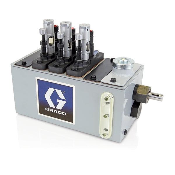 Graco Manzel® MB118 Series Lubricator - 4 Pint (1.9 Liter) Reservoir (4 Pump Stations Max), 1/4 in GBL 7500 Pump (qty 3), 118:1 drive on right hand end - Ysert