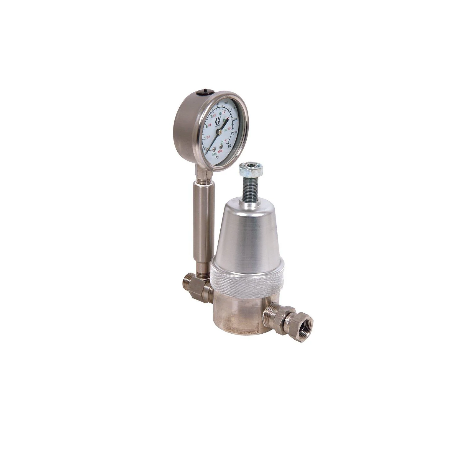 Graco Back Pressure Regulator, Low Pressure Mini, 180 Max psi, SST, Manual, 3/8 (m) x 3/8 (f), with Gauge - Ysert