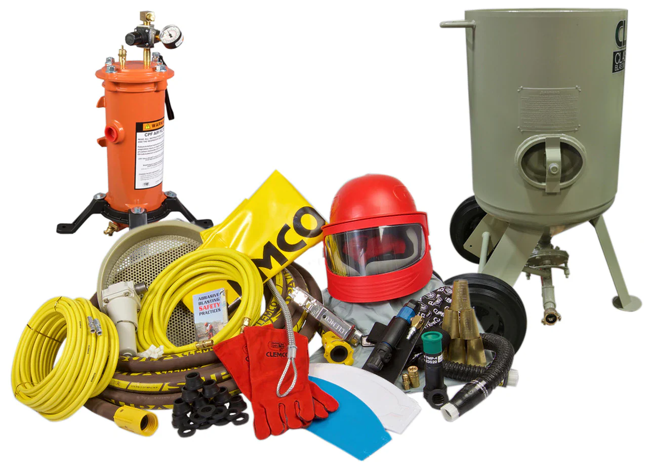 Clemco 23910 6 Cubic Foot Blast Machine Packages with 1-1/4” piping  24” diameter - Auto Quantum Valve with Abrasive Cut off Switch - Safety Gear - Ysert