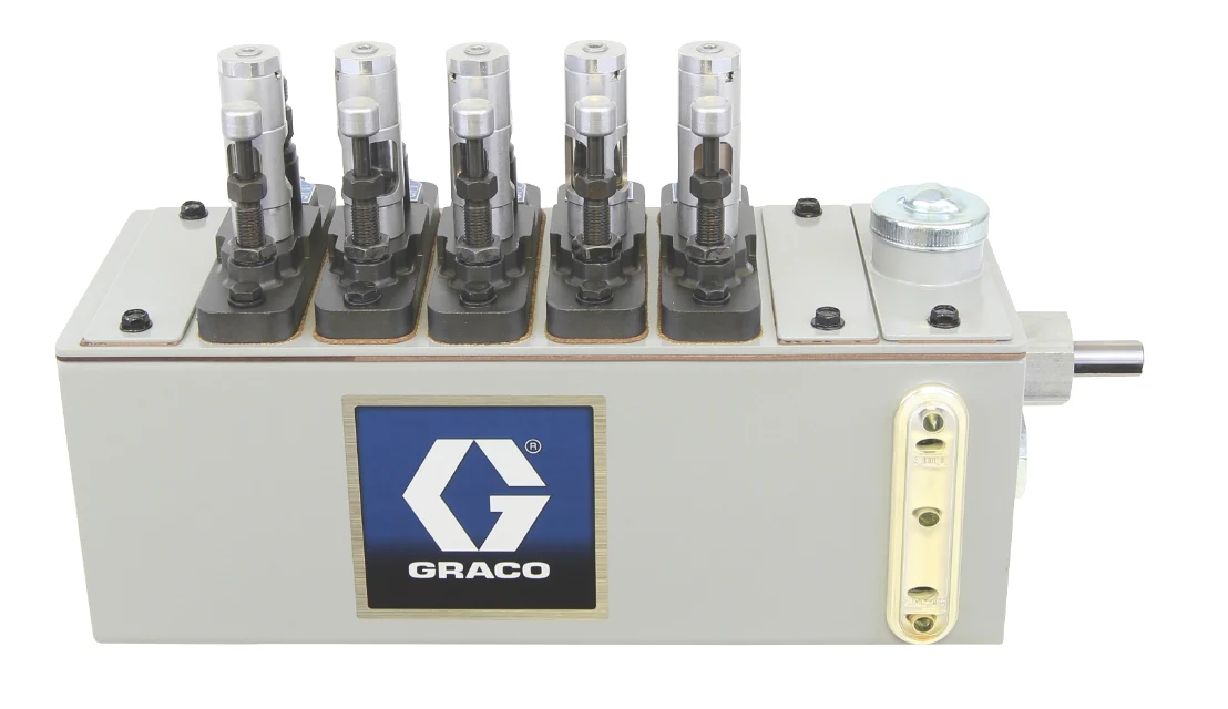Graco 24W635 Manzel® MB118 Series Lubricator - 6 Pint (2.8 liter) Reservoir (6 Pump Stations Max), 1/4 in GBL 7500 Pump (qty 5), 118:1 drive on right hand end - Ysert