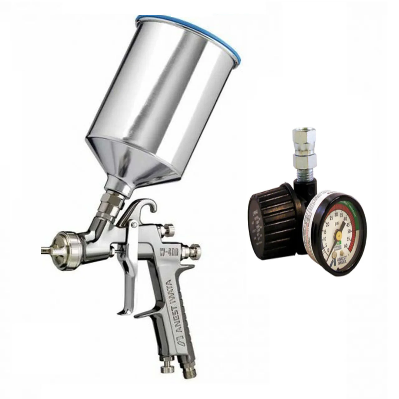 IWATA W400LV-184G Gravity Fed Spray Gun w/ PCG10EM 1000ml Aluminum Cup & AK-1R Regulator - Ysert