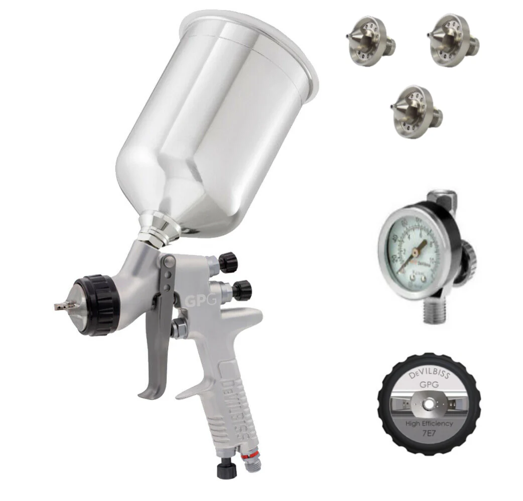 Devilbiss GPG Gravity High Efficiency Gun Kit - 7E7 Air Cap 1.2mm, 1.3mm, 1.4mm Nozzles & 900ml, Aluminum Cup w/ HAV-501 Gauge - Ysert