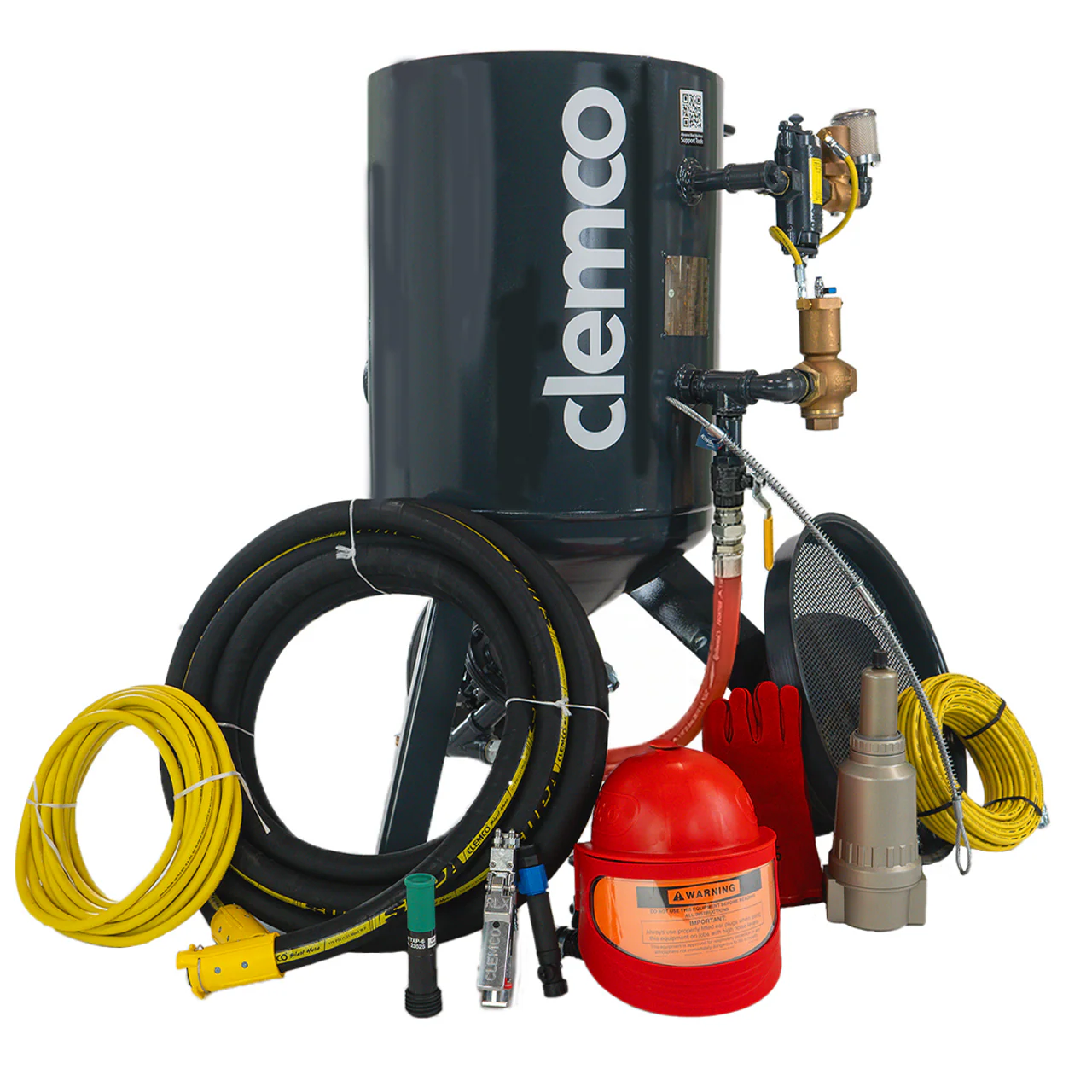 Clemco 23895 6-Cubic Classic Blast Machine System (2452-300-AA System w/ 1.25” piping, Blast Machine 01187, Apollo 600 LP DLX (for use with ambient air) Respirator w/ Constant Flow Connector (CFC), 50’ Respirator Hose & Accessory Package) - Ysert