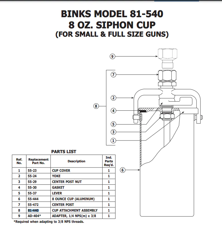 81-440 8 oz Siphon Cup Attachment Assembly (#8 On Breakdown) - Ysert
