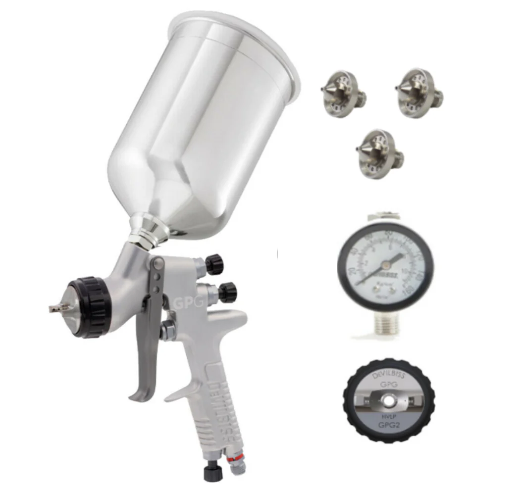Devilbiss GPG Gravity HVLP Gun Kit - GPG2 Air Cap 1.3mm, 1.5mm, 1.8mm Nozzles & 900ml. Aluminum w/ HAV-501 Gauge - Ysert