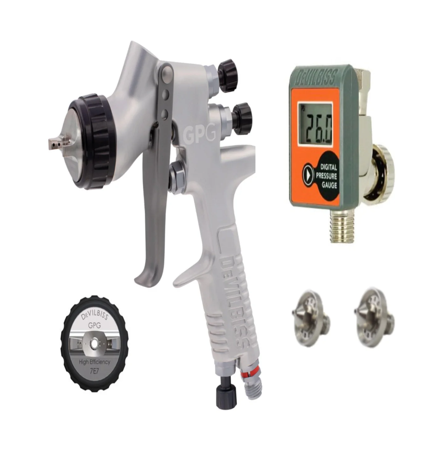 Devilbiss GPG Gravity High Efficiency Gun Kit - 7E7 Air Cap 1.3mm, 1.4mm Nozzles & HAV-555 Gauge (No Cup) - Ysert