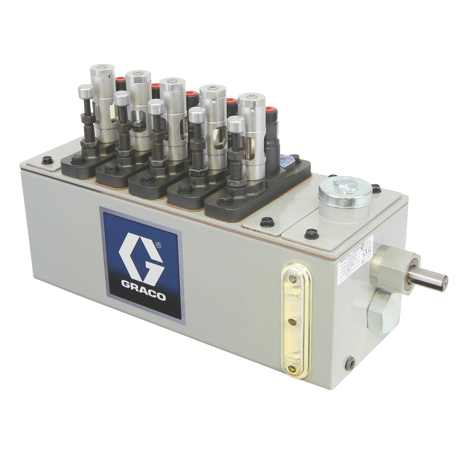 Graco Manzel® MB118 Series Lubricator - 6 Pint (2.8 liter) Reservoir (6 Pump Stations Max), 1/4 in GBL 7500 Pump (qty 5), 118:1 drive on right hand end - Ysert