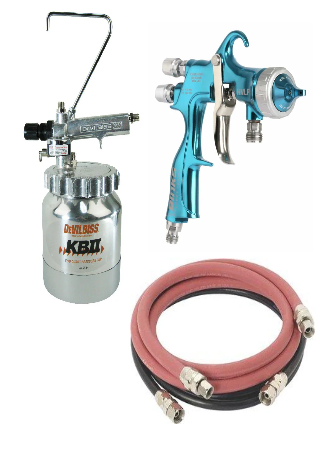 Devilbiss KB Pressure Cup (2quart) w/ Binks Trophy HVLP Pressure Fed Spray Gun with 1.2 MM, 1.4 MM, 1.8MM Fluid Nozzle & 6' Foot Fluid & Air Hose - Ysert
