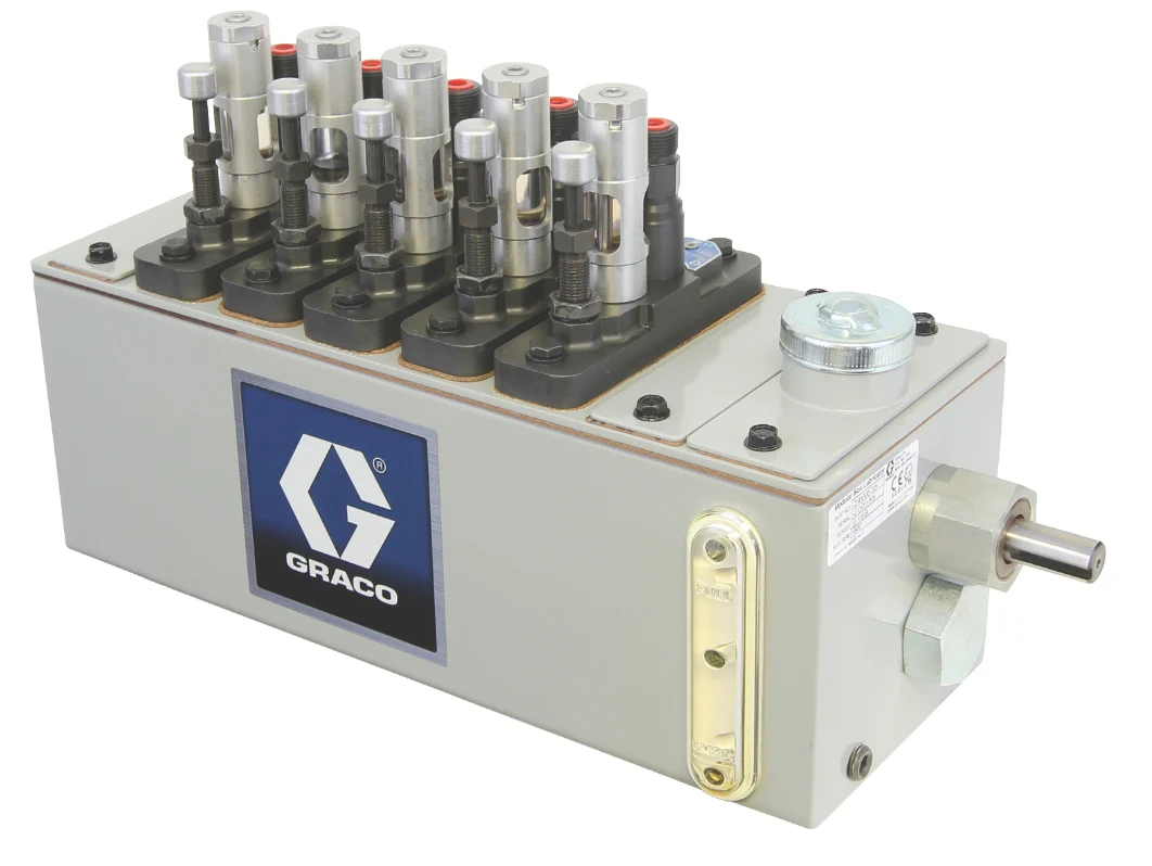 Graco 24W635 Manzel® MB118 Series Lubricator - 6 Pint (2.8 liter) Reservoir (6 Pump Stations Max), 1/4 in GBL 7500 Pump (qty 5), 118:1 drive on right hand end - Ysert