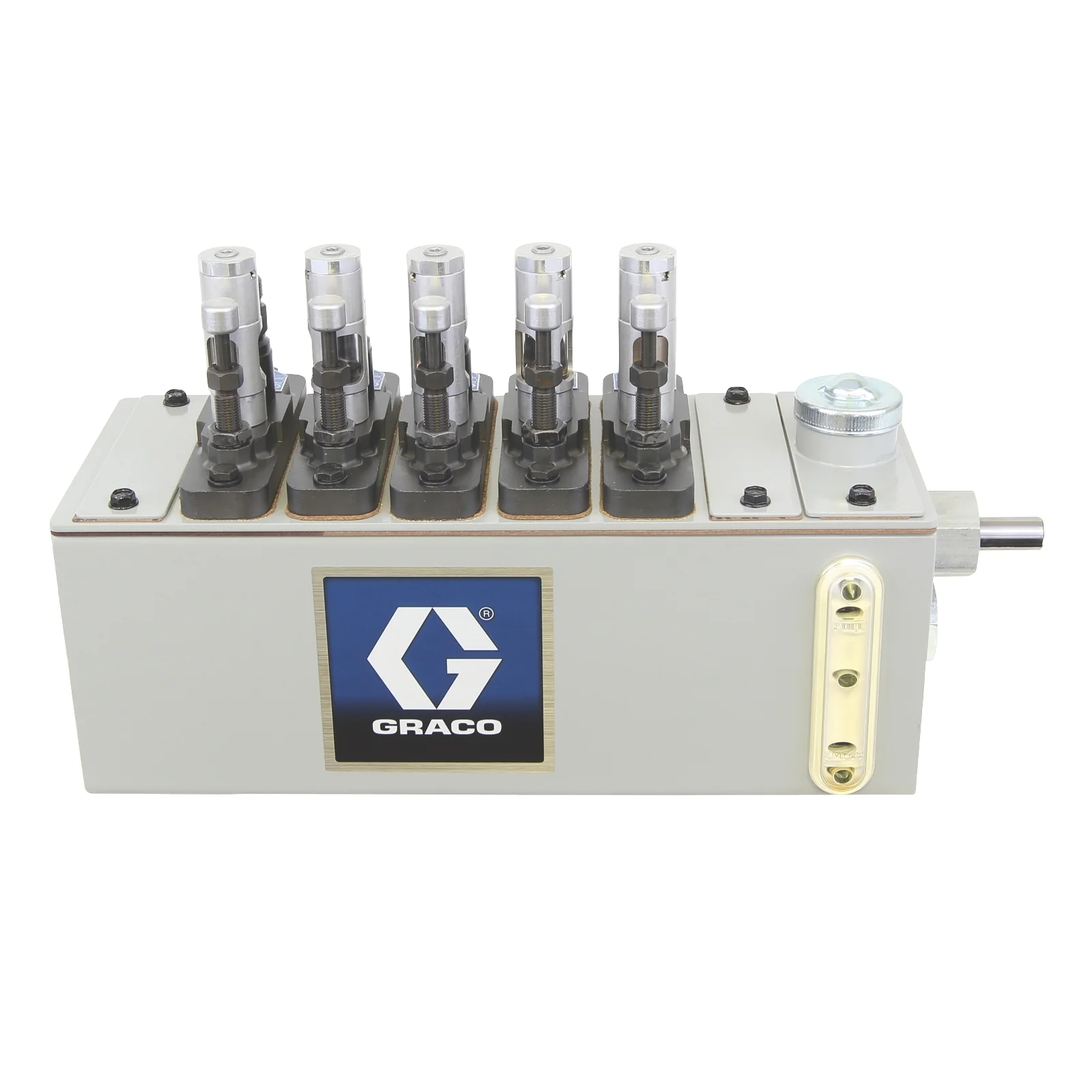 Graco Manzel® MB118 Series Lubricator - 6 Pint (2.8 liter) Reservoir (6 Pump Stations Max), 1/4 in GBL 7500 Pump (qty 5), 118:1 drive on right hand end - Ysert