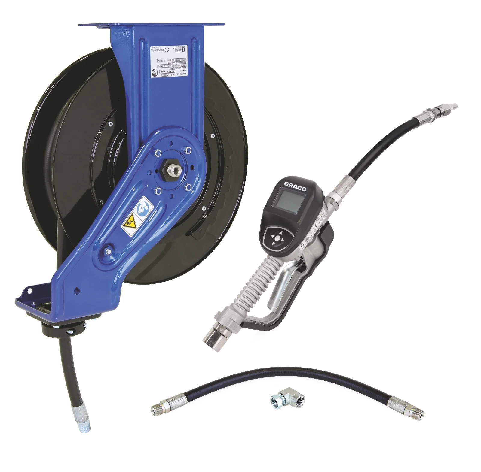 Graco SD™ 10 Package, Oil, 1/2 in. (13 mm) Inlet, 1/2 in. X 35 ft. (13 mm X 11 m) Hose, NPT, Includes Inlet Kit & SDM5 Flexible Extension Meter, Metallic Blue Reel - Ysert