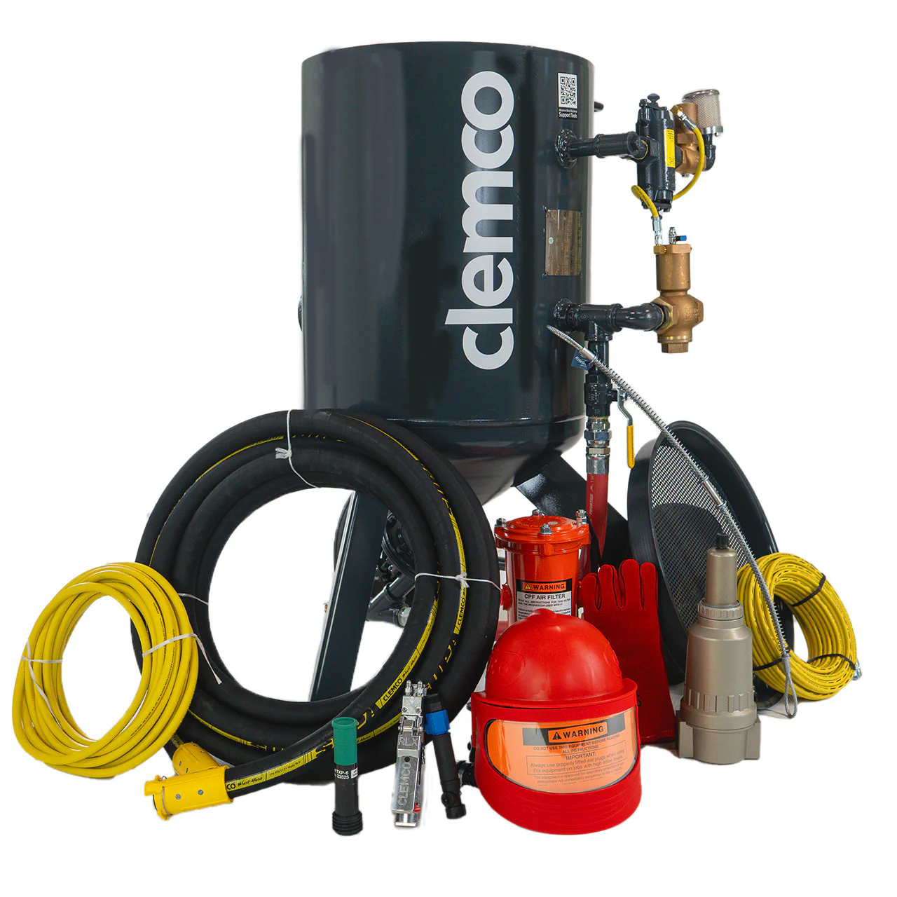 Clemco 00916 6-Cubic Foot Blast Machine Packages with 1-1/4” piping & Flat Sand Valve - Apollo HP SaFety Gear - Ysert