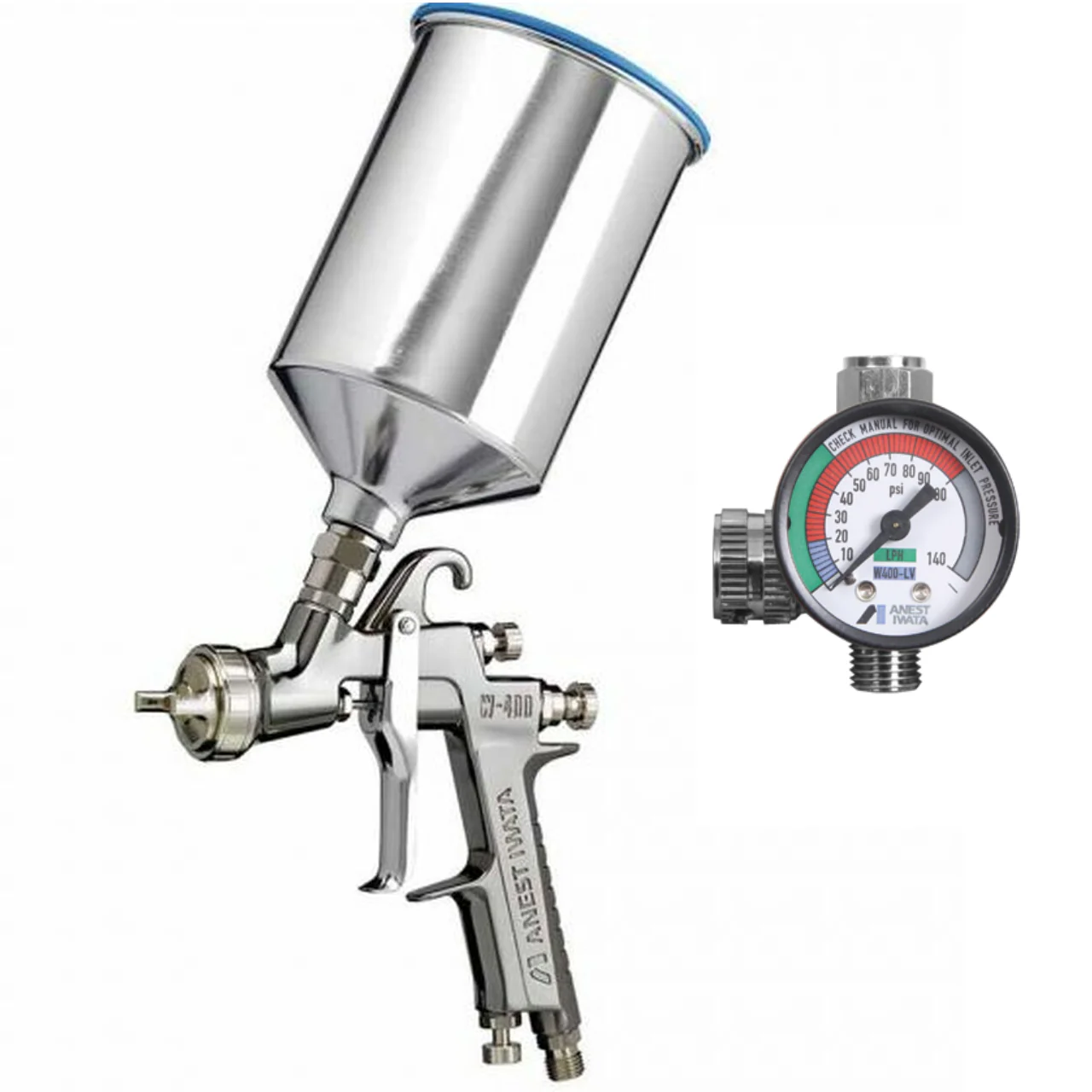 IWATA W400LV-184G Gravity Fed Spray Gun w/ PCG7EM 700ml Aluminum Cup & AK-1B2 Air Flow Control Valve - Ysert