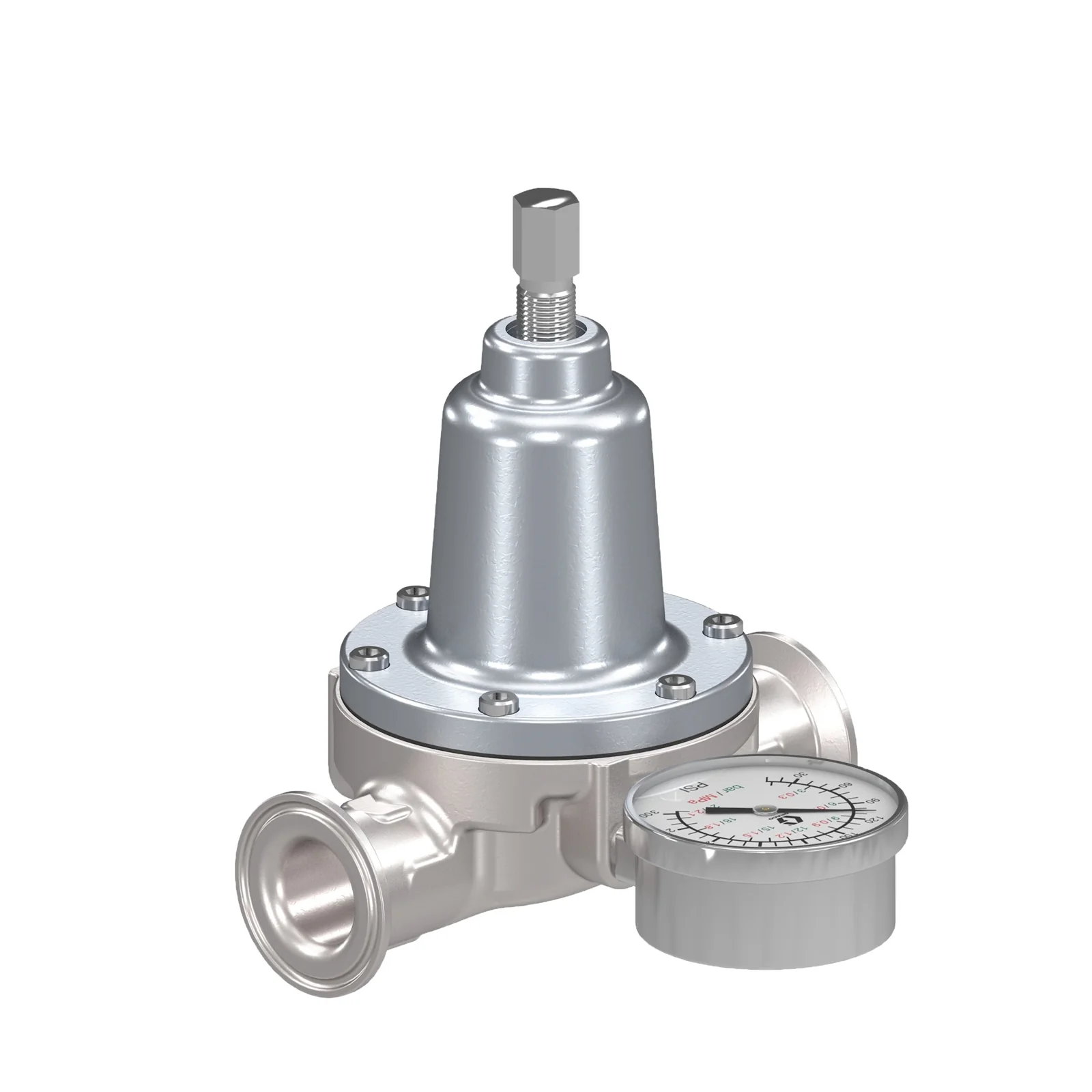 Low Shear Fluid Back Pressure Regulator, 21.1 Max bar, 38 lpm Max flow rate, SST, Mechanical, high wear, sanitary inlet/outlet - Ysert