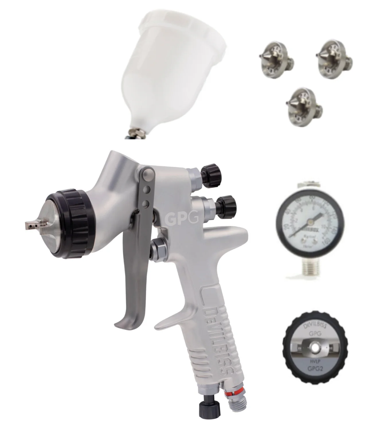Devilbiss GPG Gravity HVLP Gun Kit - GPG2 Air Cap 1.3mm, 1.5mm, 1.8mm Nozzles & 560ml. Acetal w/ HAV-501 Gauge - Ysert