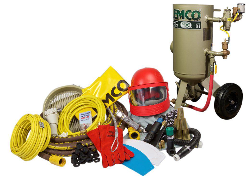 Clemco 23894 3 Cubic Foot Blast Machine Packages with 1-1/4” piping 16” diameter Flat Sand Valve - Apollo HP SaFety Gear - Ysert