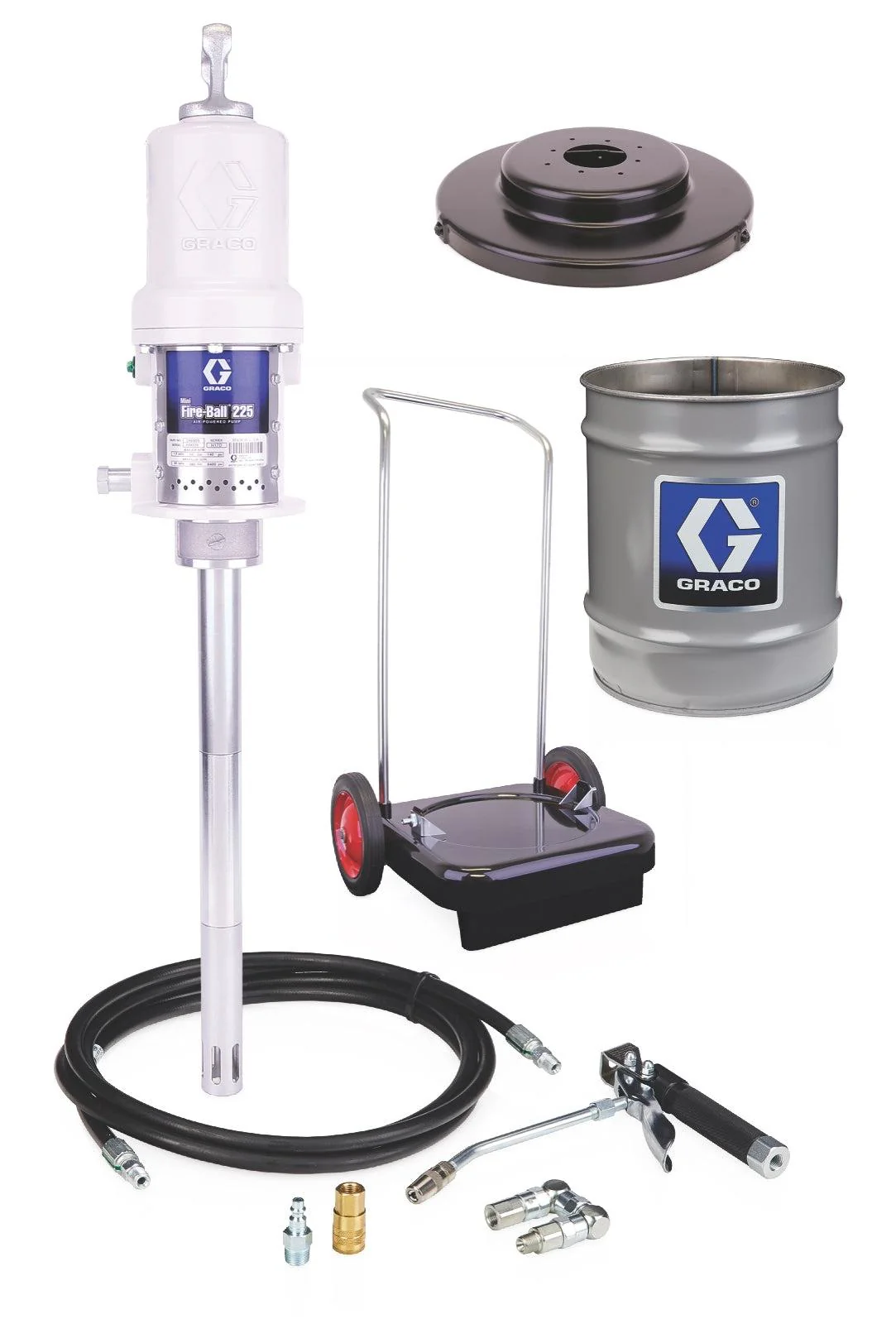 Graco Mini Fire-Ball® 225 50:1 35 lb. (16 kg) 2-Wheel Base Type Grease Pump with Dispense Kit, Handle, Pail, and CE Kit - Ysert