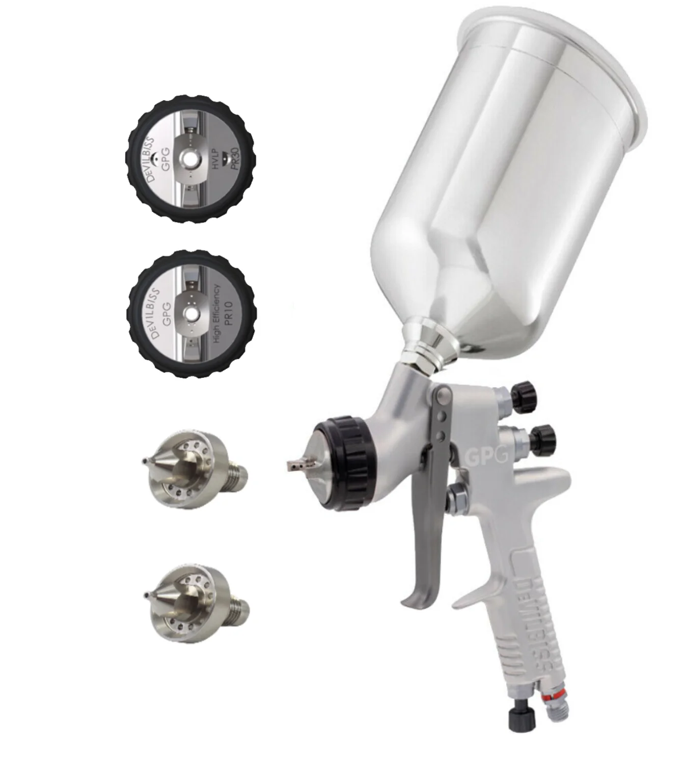 Devilbiss GPG Gravity HVLP & High Efficiency Gun Kit - PR10 & PR30 Air Cap 1.8mm, 2.0mm Nozzles & 900ml, Aluminum Cup (No Gauge) - Ysert